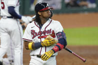 Atlanta Braves' Ronald Acuna Jr. reacts after striking out during the eighth inning in Game 2 of a baseball National League Division Series against the Miami Marlins Wednesday, Oct. 7, 2020, in Houston. The Braves won 2-0. (AP Photo/Eric Gay)