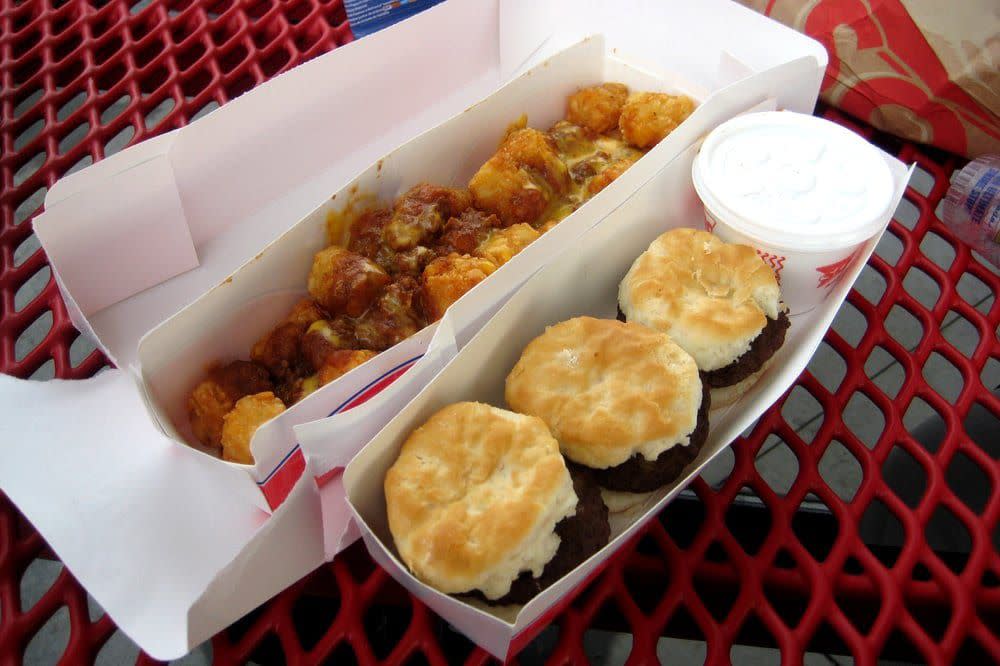 sonic chili cheese tator tots & sausage biscuits w/ country gravy