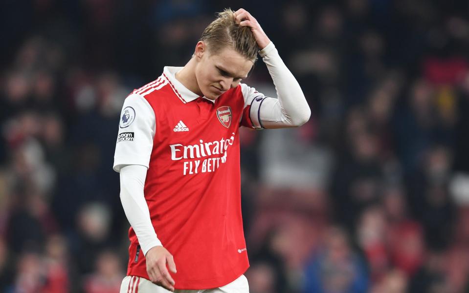 Martin Odegaard of Arsenal looks dejected after their draw in the Premier League match between Arsenal FC and Southampton FC at Emirates Stadium on April 21, 2023 in London, England - Getty Images/Stuart MacFarlane