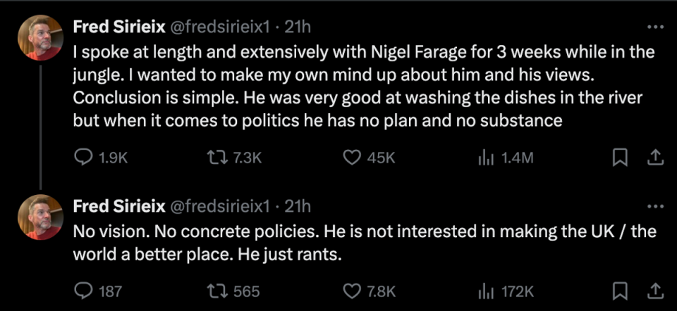 Fred Sirieix shared brutal verdict on Nigel Farage (X/Twitter)