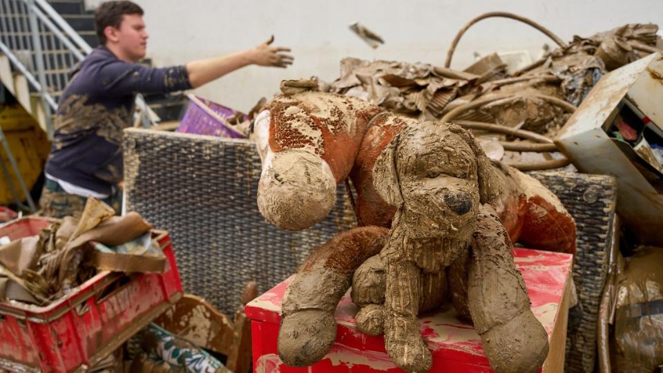 Kuscheltiere liegen auf einem Sperrmüllhaufen in der Innenstadt von Bad Neuenahr. (Bild: dpa)