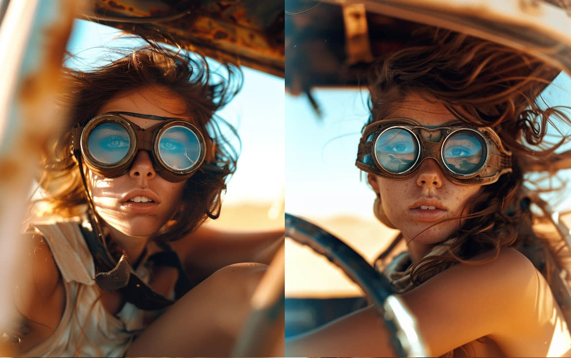  AI-generated images of a girl with driving goggles created using Midjourney cref tag. 