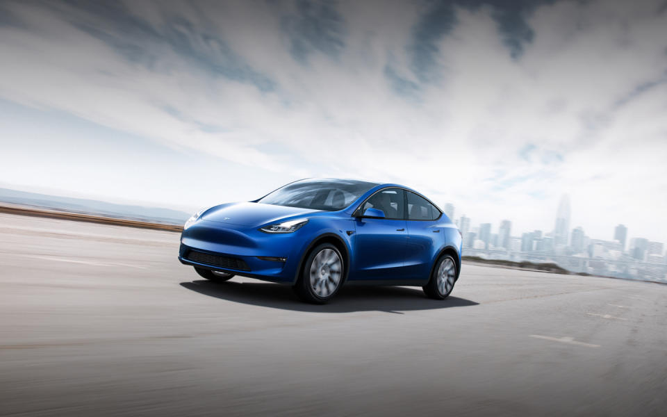 A rendering of a blue Tesla Model Y