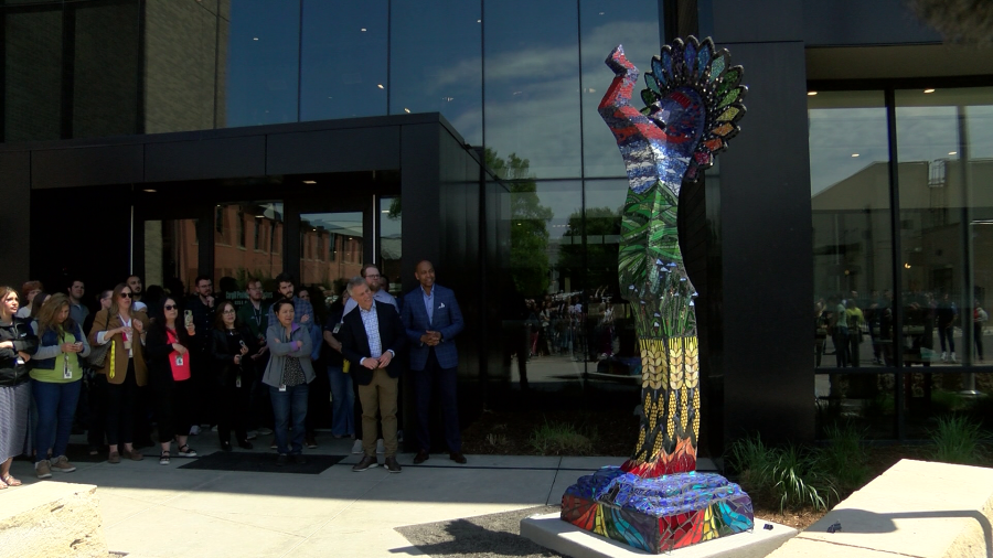 The PRISM Keeper on Parade is unveiled outside of Cargill on April 24, 2024. (KSN News Photo)