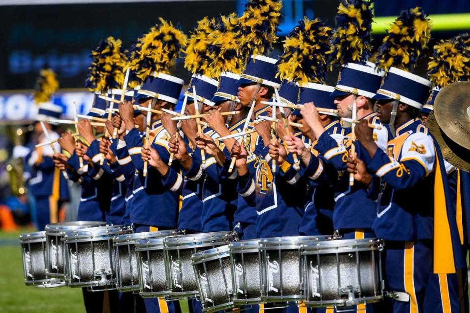 NC A&T’s Blue and Gold Marching Machine performs at the 2023 homecoming game. Courtesy of NC A&T State University