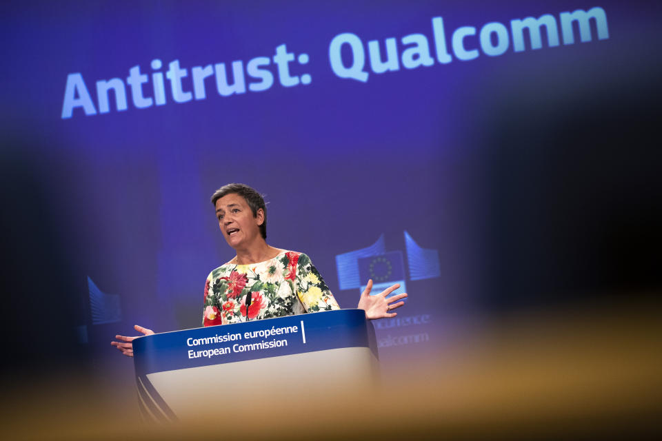 European Antitrust Commissioner Margrethe Vestager talks to journalists during a news conference at the European Commission headquarters in Brussels, Thursday, July 18, 2019. The European Union has fined U.S. chipmaker Qualcomm $271 million, accusing it of "predatory pricing". (AP Photo/Francisco Seco)
