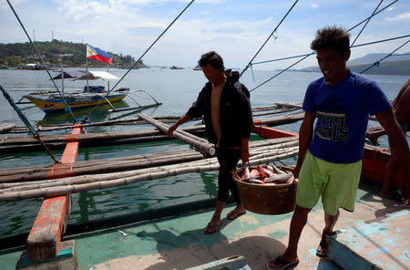 Fishermen, who has just returned from fishing in disputed Scarborough shoal, unload fish from a boat, overlooking a Philippine flag in Subic, Zambales in the Philippines, November 1, 2016. REUTERS/Erik De Castro