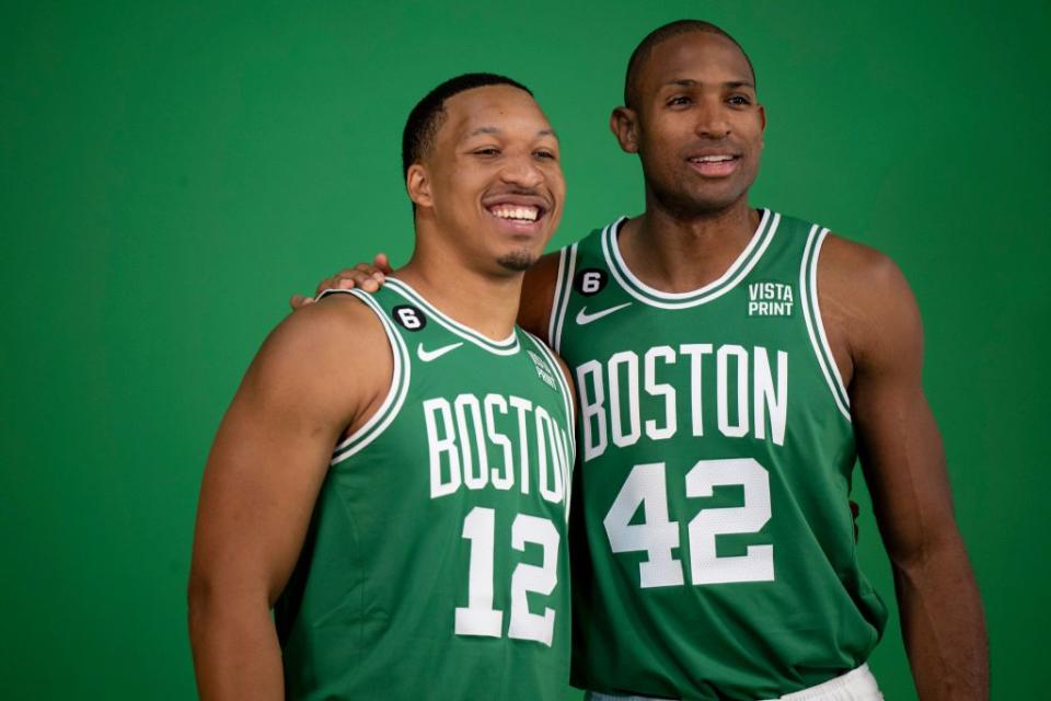 CANTON, MA - SEPTEMBER 26: Grant Williams #12 of the Boston Celtics and Al Horford #42 of the Boston Celtics pose for photos during Boston Celtics Media Day at High Output Studios on September 26, 2022 in Canton, Massachusetts. NOTE TO USER: User expressly acknowledges and agrees that, by downloading and/or using this photograph, user is consenting to the terms and conditions of the Getty Images License Agreement. (Photo by Maddie Malhotra/Getty Images)