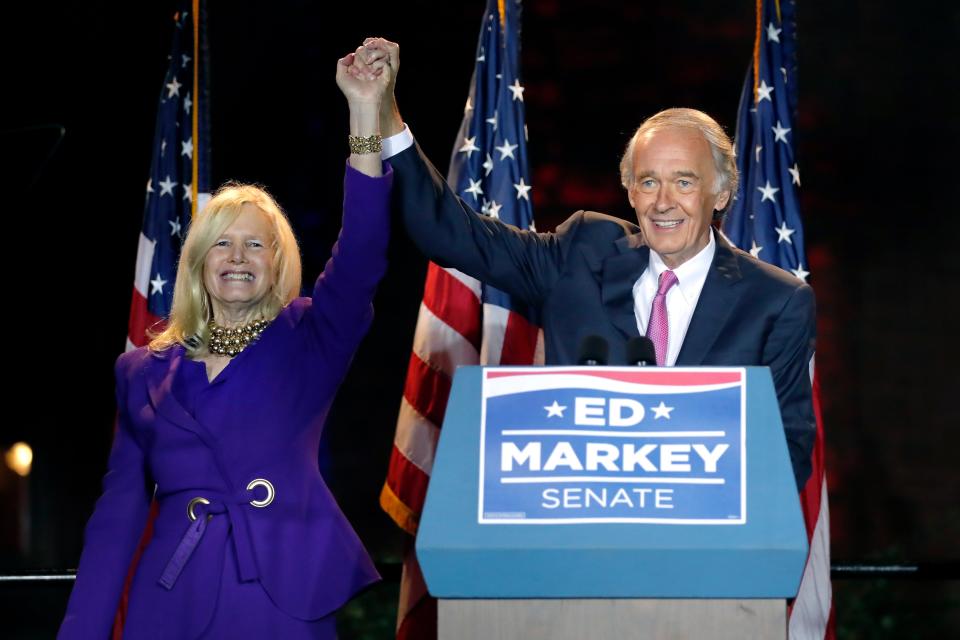 Incumbent Sen. Ed Markey celebrates with his wife, Susan, in Malden, Mass., after defeating Rep. Joe Kennedy on Sept. 1 in the Democratic Senate primary.