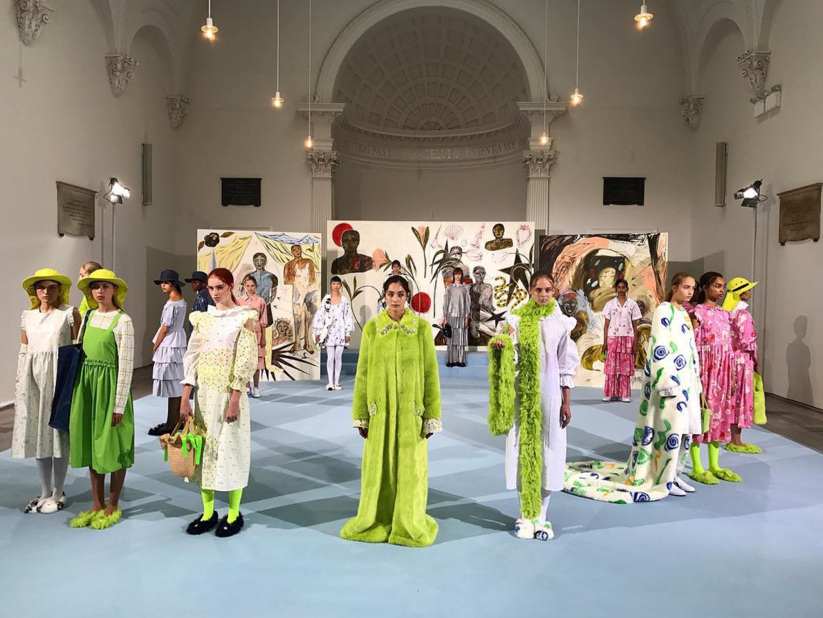 Shrimps SS18 was a mish-mash of gardening and luminous faux fur [Photo: Instagram/pedrosoley]