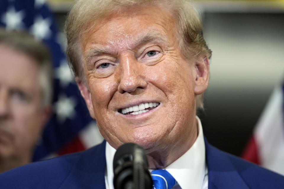 Republican presidential candidate former President Donald Trump speaks with reporters at the National Republican Senatorial Committee, Thursday, June 13, 2024, in Washington. (AP Photo/Evan Vucci)