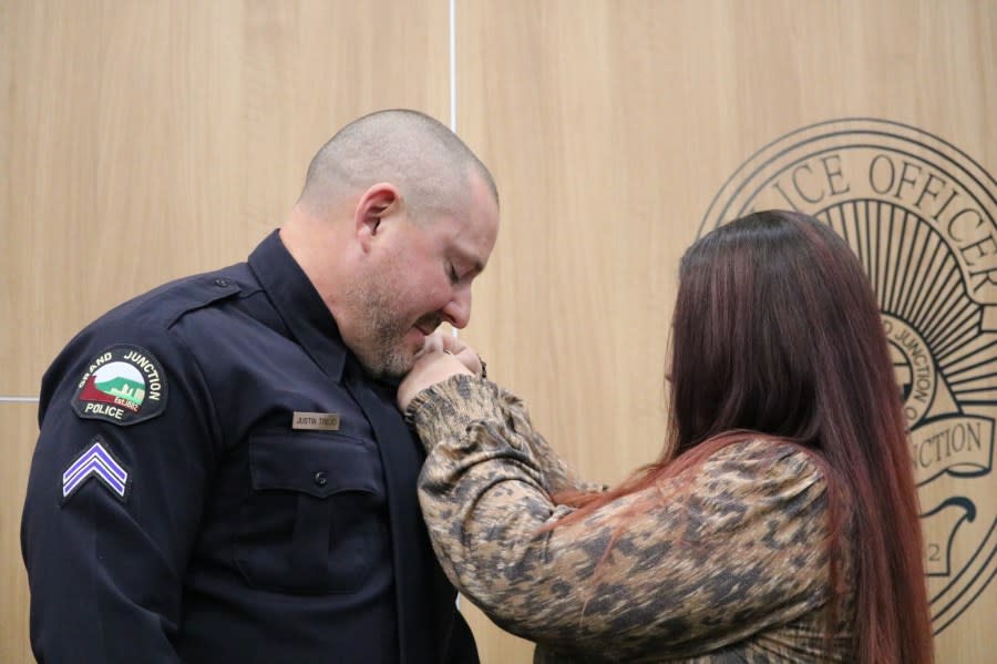 Corporal Justin Trejo, pinned by his wife. (Kelly Clingman/GJPD)