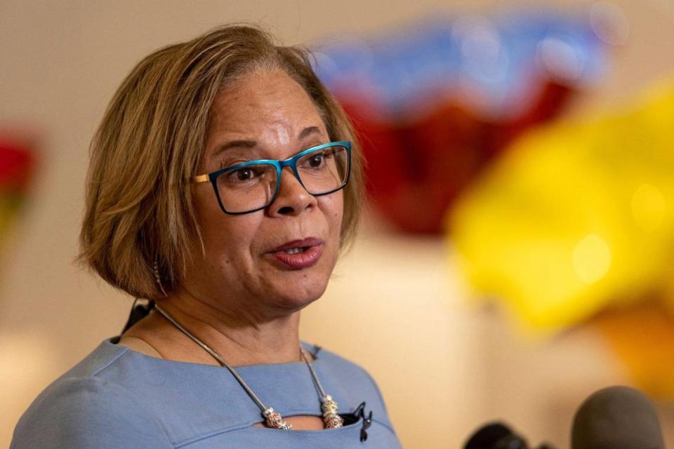 Charlotte Mayor Vi Lyles talks with the media about funds allocated for the city’s Racial Equity Initiative at the Foundation for the Carolinas in Charlotte on Thursday, April 28, 2022.