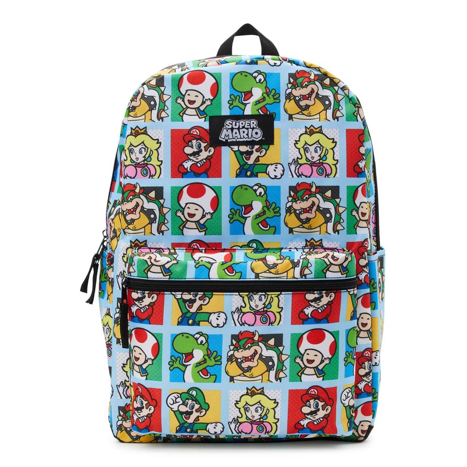 backpack with Super Mario characters on it
