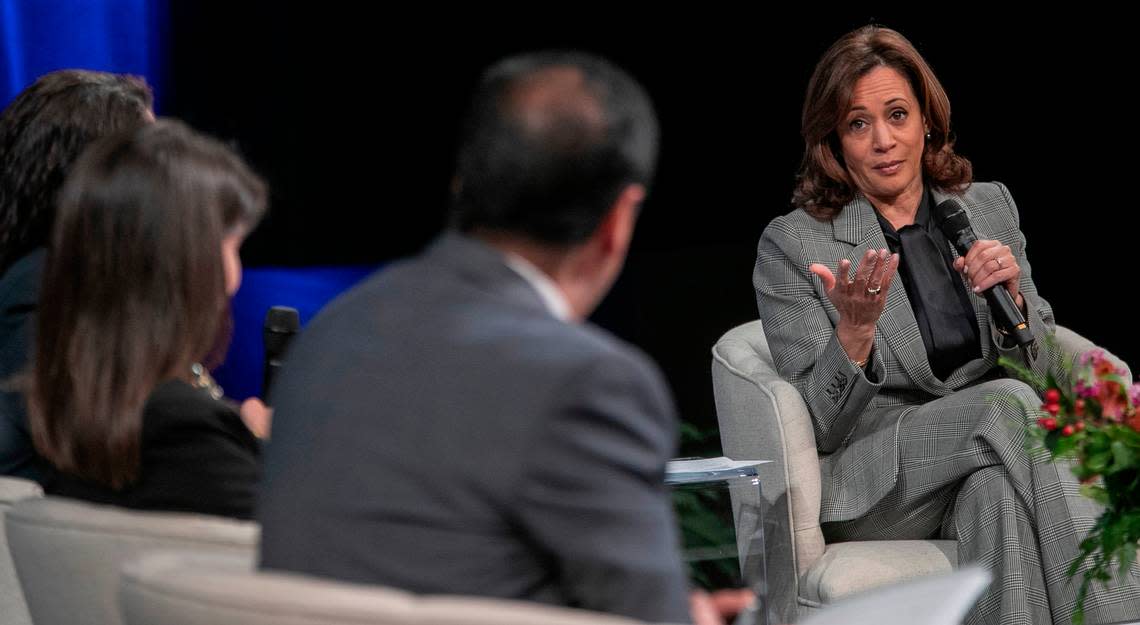 Vice President Kamala Harris speaks during a panel discussion on small businesses in the Fletcher Theatre at the Duke Energy Performing Arts on Monday, January 30, 2023 in Raleigh, N.C.