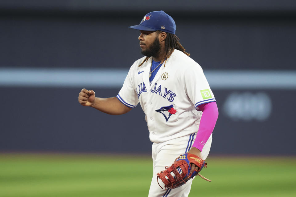 Toronto Blue Jays' Vladimir Guerrero Jr. celebrates after defeating the Boston Red Sox in a baseball game in Toronto, Friday, Sept. 15, 2023. (Chris Young/The Canadian Press via AP)