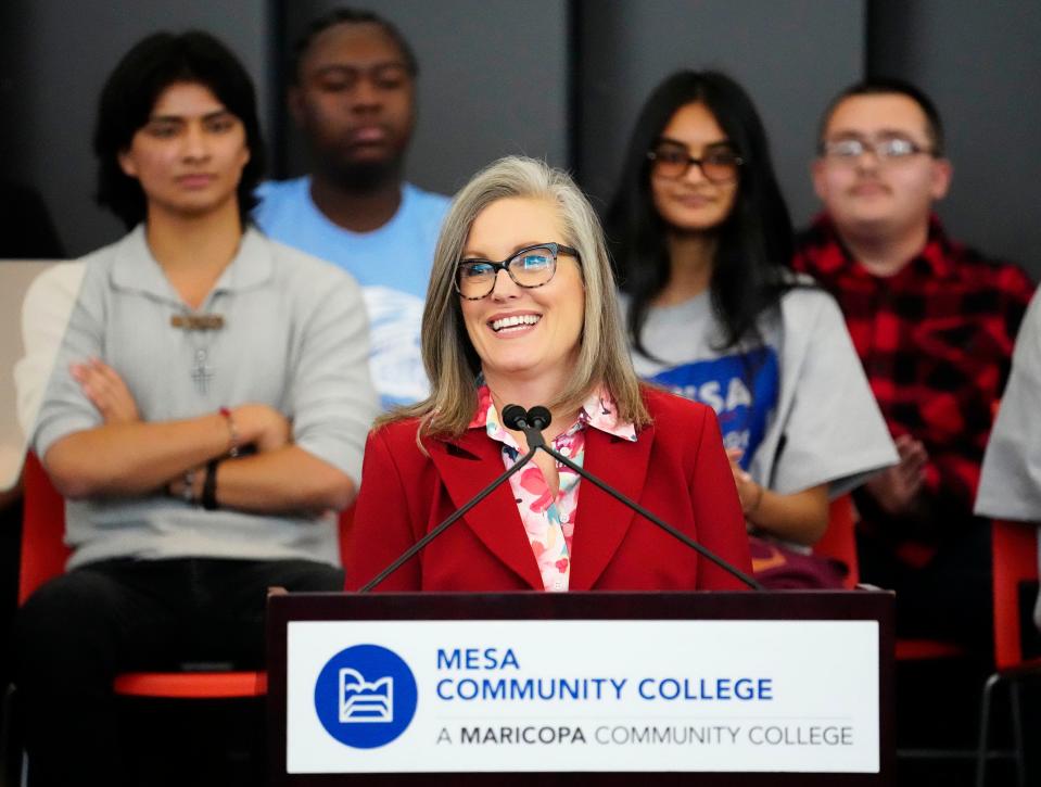 Arizona Gov. Katie Hobbs addresses the students as first lady Jill Biden visits Mesa Community College to highlight how affordable community college programs are on Feb. 13, 2023, in Mesa.