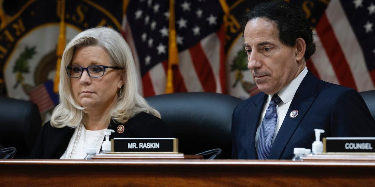Rep. Jamie Raskinm (R) (D-MD), seated next to Rep. Liz Cheney (L) (R-WY), delivers remarks during the seventh hearing by the House Select Committee to Investigate the January 6th Attack on the U.S. Capitol.