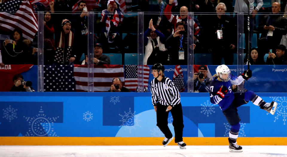 Jocelyn Lamoureux-Davidson celebrates her incredible shootout winner versus Canada. (Getty)