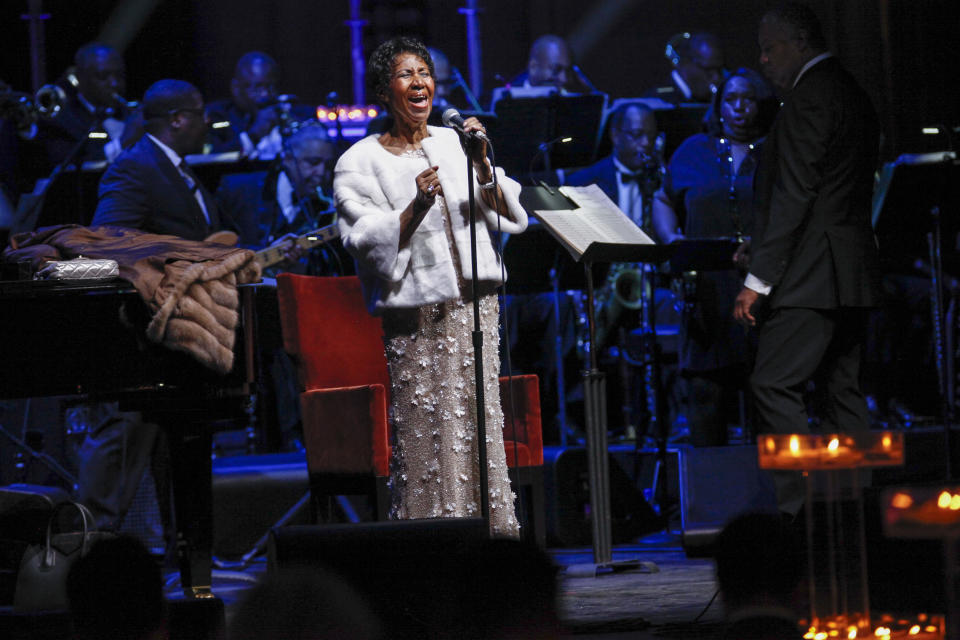 FILE - In this Nov. 7, 2017 file photo, Aretha Franklin performs at the Elton John AIDS Foundation's 25th Anniversary Gala at The Cathedral of St. John the Divine in New York. Franklin died Thursday, Aug. 16, 2018 at her home in Detroit. She was 76.(Photo by Andy Kropa/Invision/AP, File)