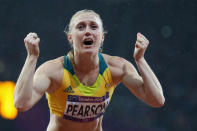 LONDON, ENGLAND - AUGUST 07: Sally Pearson of Australia celebrates after winning the gold medal in the Women's 100m Hurdles Final on Day 11 of the London 2012 Olympic Games at Olympic Stadium on August 7, 2012 in London, England. (Photo by Streeter Lecka/Getty Images)