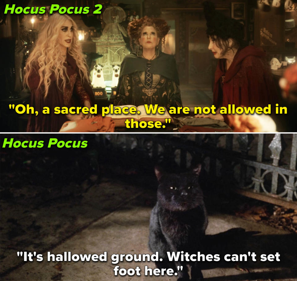 Caption of Hocus Pocus, showing a black cat: "It's hallowed ground; witches can't set foot here"