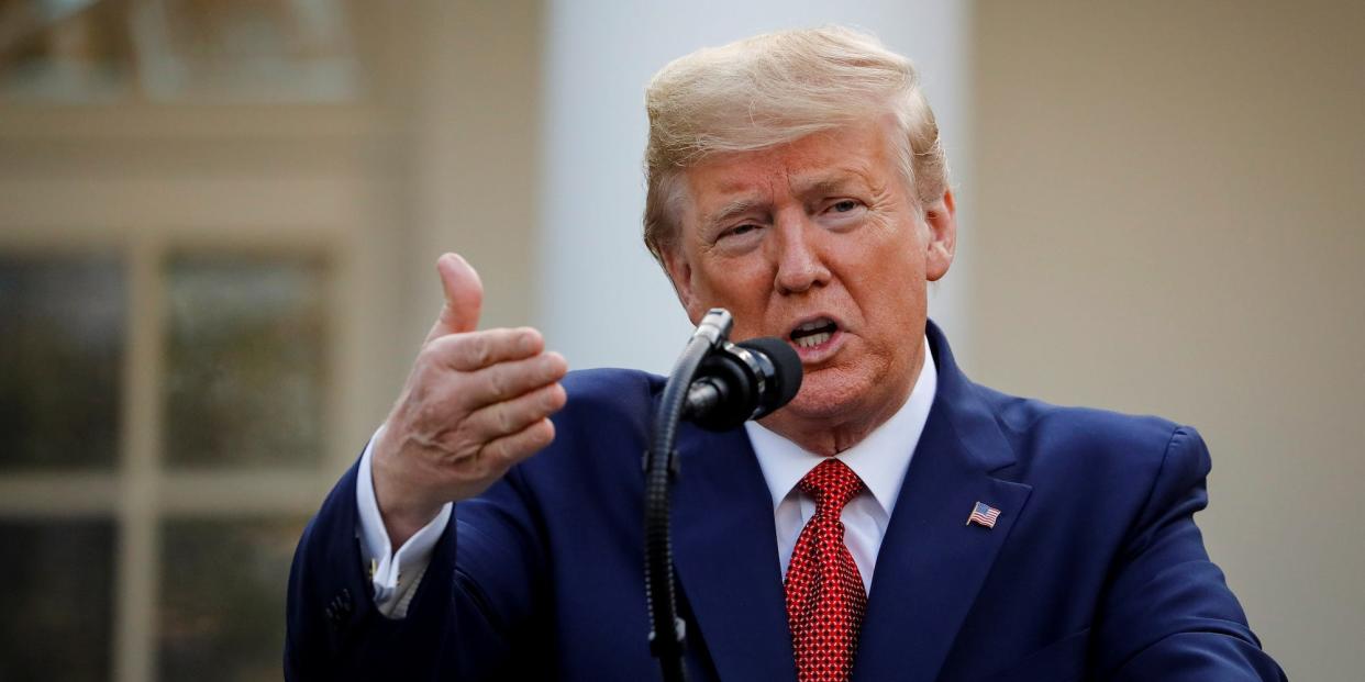 President Donald Trump speaks during a news conference in the Rose Garden of the White House on March 29.