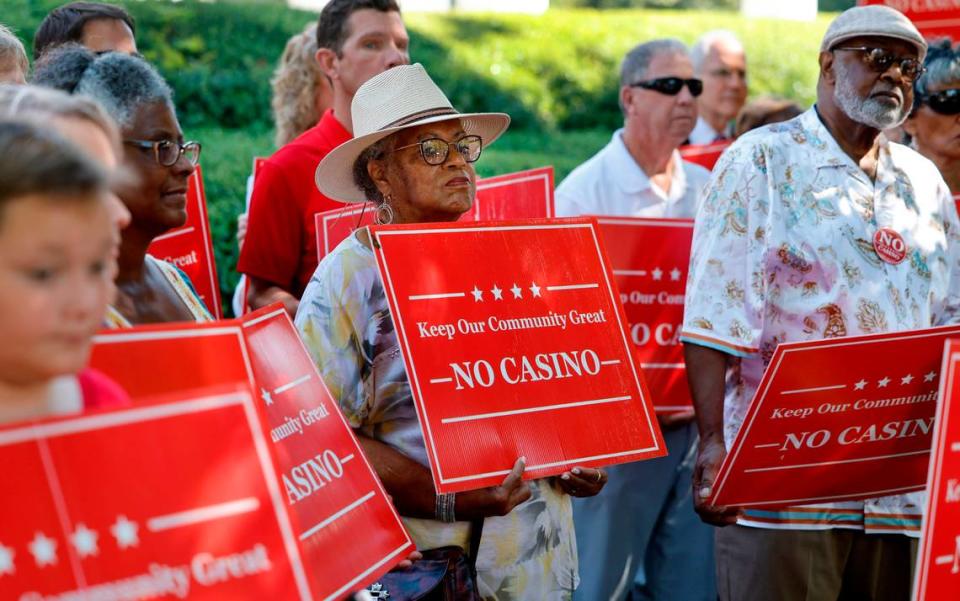 Faye Allen, center, listens during a press conference outside the N.C. Legislative building Sept. 5, 2023. Residents from Rockingham and Nash counties, two of the four counties that could host new casinos if a Republican proposal advances, spoke out against the plan during a press conference outside the Legislative Building.