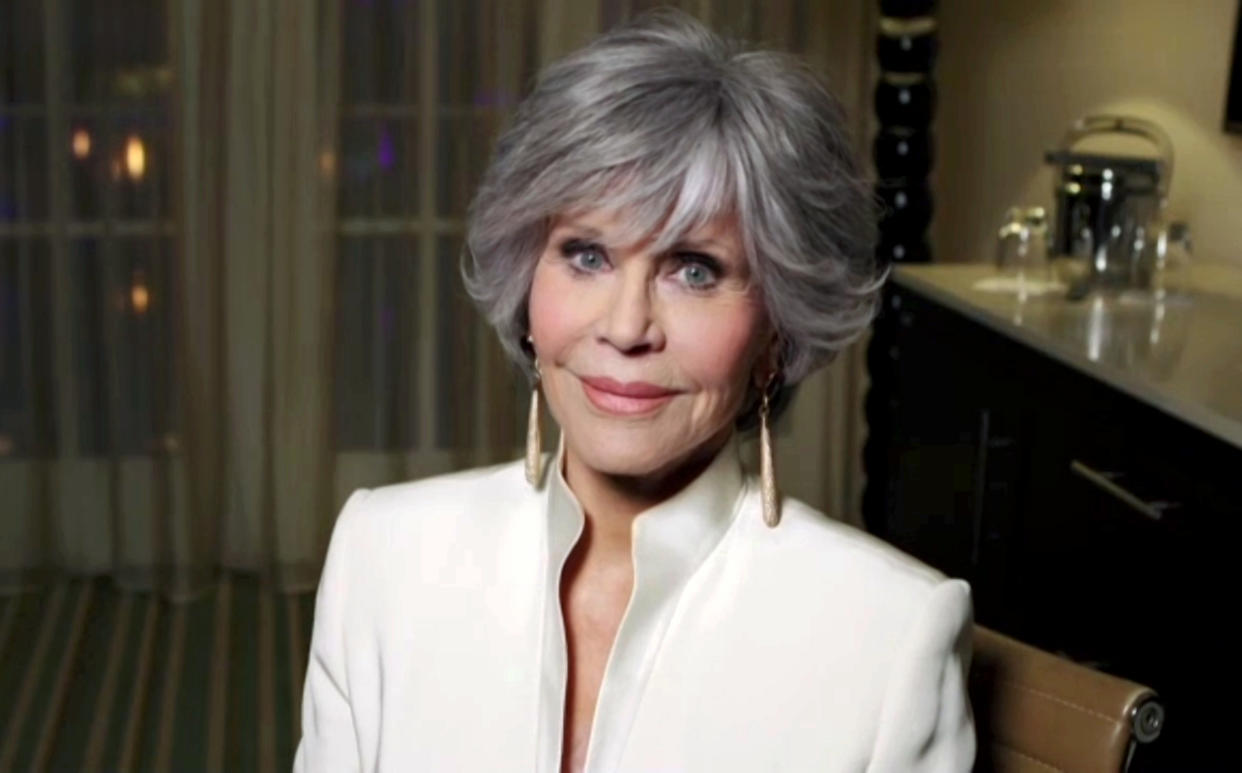 UNSPECIFIED: 78th Annual GOLDEN GLOBE AWARDS -- Pictured in this screengrab released on February 28, (l-r) Jane Fonda, winner of the Cecil B. DeMille Award, speaks during the 78th Annual Golden Globe Awards broadcast on February 28, 2021. -- (Photo by NBC/NBCU Photo Bank via Getty Images)