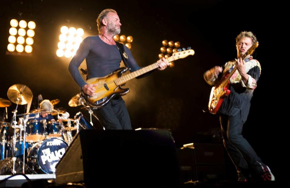 Sting, Andy Summers and Stewart Copeland of the Police perform at Sleep Train Amphitheatre on July 17, 2008, near Marysville.