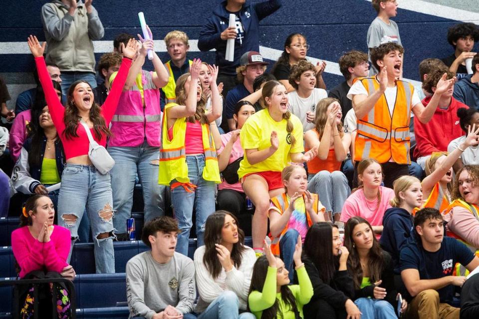 The Stone Ridge Christian student section cheers during a NorCal Regional playoff game against Point Arena at Stone Ridge Christian High School in Merced, Calif., on Wednesday, Feb. 28, 2024. The Knights beat the Pirates 78-67.