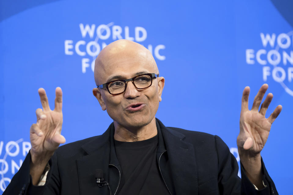 Satya Nadella, Chairman and Chief Executive Officer of Microsoft, speaks during a panel session at the 54th annual meeting of the World Economic Forum, WEF, in Davos, Switzerland, Tuesday, Jan. 16, 2024. The meeting brings together entrepreneurs, scientists, corporate and political leaders in Davos under the topic "Rebuilding Trust" from Jan. 15 to Jan. 19, 2024. (Gian Ehrenzeller/Keystone via AP)