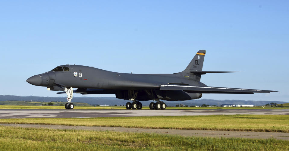 A B-1B Lancer assigned to the 37th Bomb Squadron taxis on the flightline at Ellsworth Air Force Base, USA, Thursday, July 16, 2020. he U.S. Air Force flew three B-1 heavy bombers over the East Siberian Sea, north of Russia’s far east, as part of recent maneuvers that the military said Friday are meant to demonstration of American capabilities and ability to support allies, but which a Russian commander blasted as “hostile and provocative.” The flight of the three Texas-based U.S. Air Force Reserve B-1 Lancer bombers on Thursday followed a similar mission a week ago in which three temporarily Britain-based B-52 bombers were flown over Ukrainian airspace, near Russia’s western flank. (U.S. Air Force photo by Airman 1st Class Quentin K. Marx via AP)