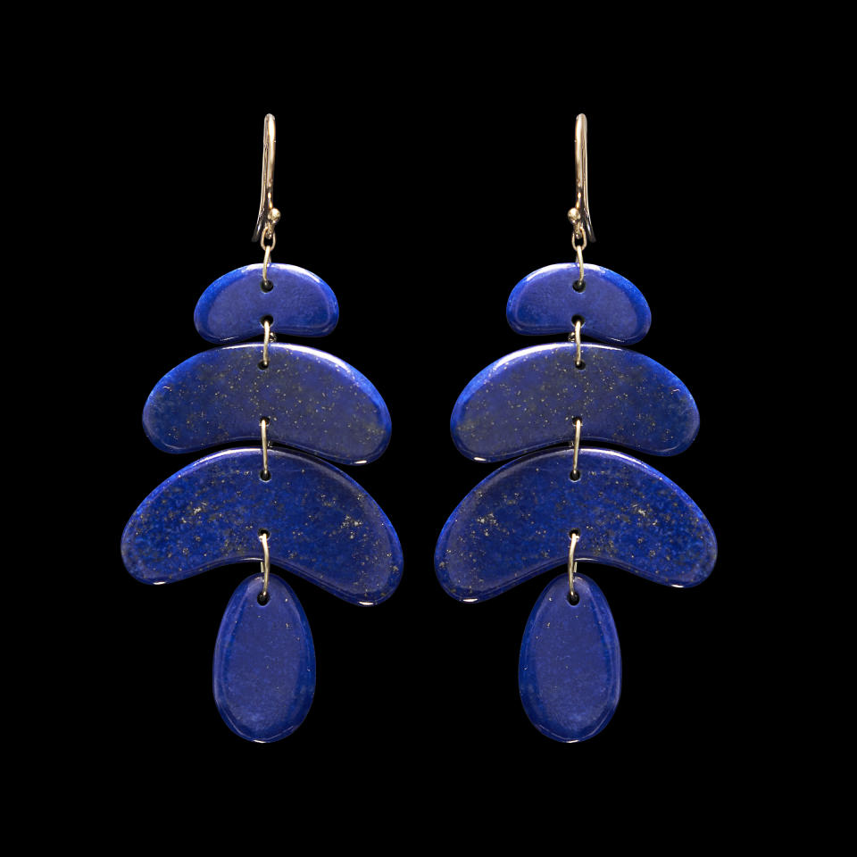 Hand-cut lapis totem earrings from TenThousandThings.