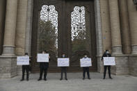 A group of protesters hold placards condemning inspections by the UN nuclear agency (IAEA) on Iran's nuclear activities and the country's nuclear talks with world powers during a gathering in front of Iranian Foreign Ministry on Saturday, Nov. 28, 2020, a day after the killing of Mohsen Fakhrizadeh an Iranian scientist linked to the country's nuclear program by unknown assailants near Tehran. (AP Photo/Vahid Salemi)