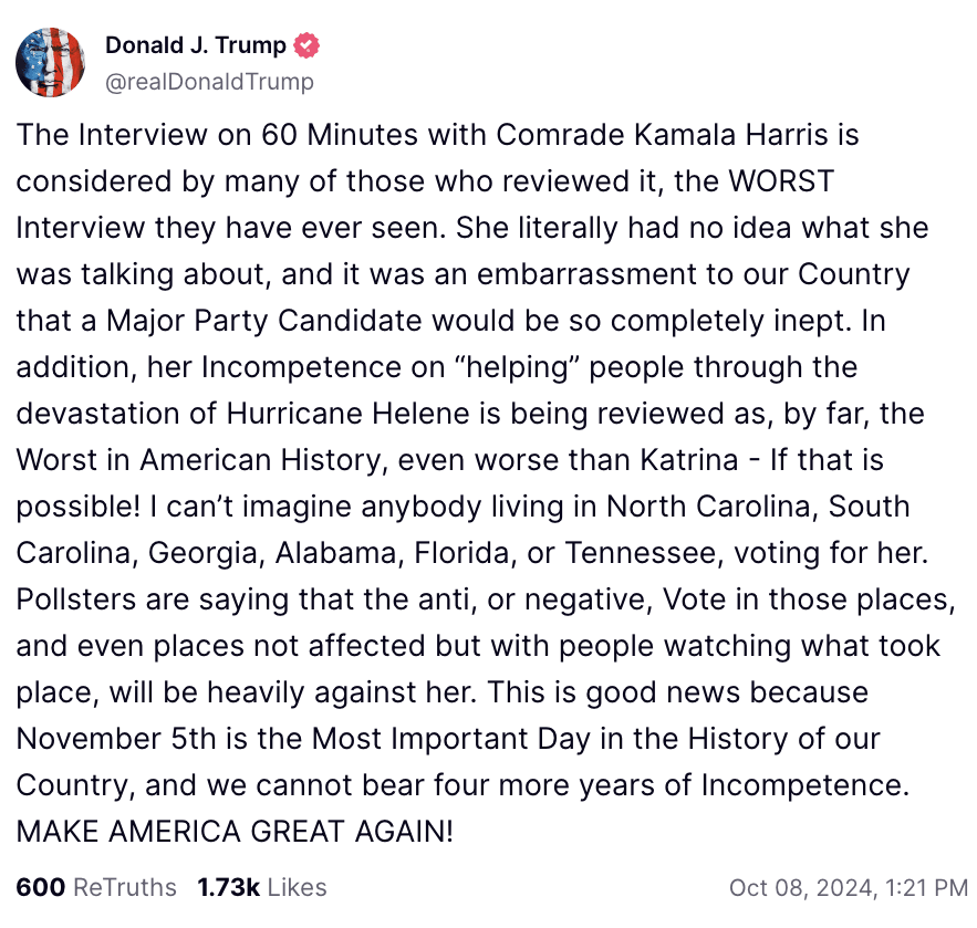 A post by Donald Trump on Truth Social.