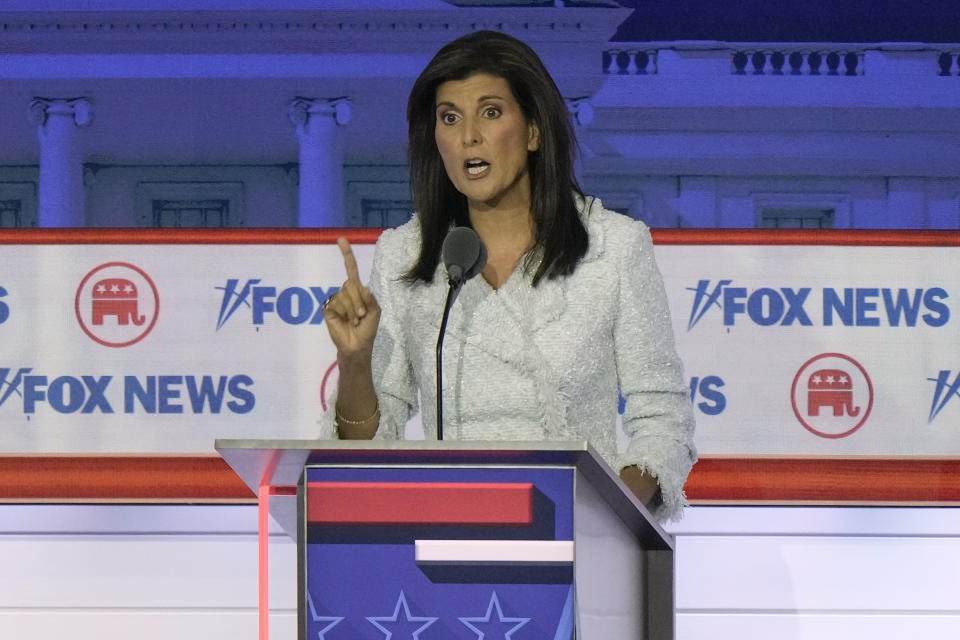 FILE - Former U.N. Ambassador Nikki Haley speaks during a Republican presidential primary debate hosted by FOX News Channel, Wednesday, Aug. 23, 2023, in Milwaukee. (AP Photo/Morry Gash, FIle)