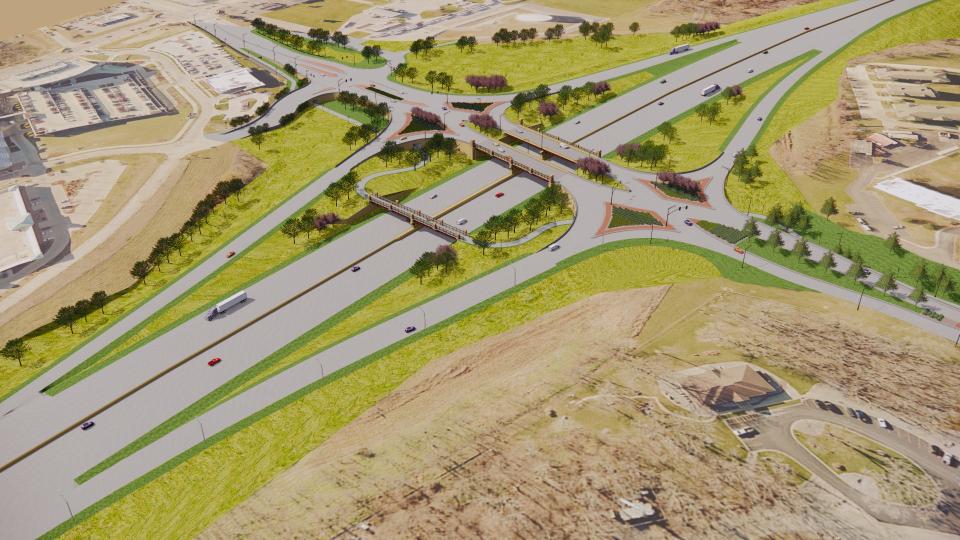 A rendering of a Diverging Diamond interchange proposed for Exit 242 on I-80 in Coralville