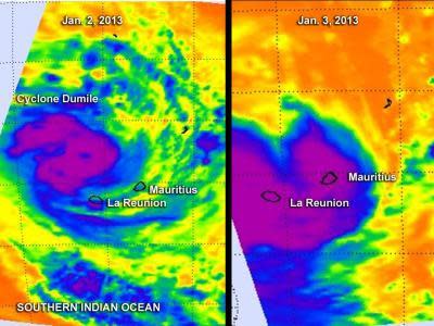 The AIRS instrument aboard NASA's Aqua satellite captured these infrared images of Tropical Cyclone Dumile on Jan. 2 at 2123 UTC, and Jan. 3 at 0936 UTC. The purple areas indicate the coldest, highest clouds with heaviest rainfall. The circular