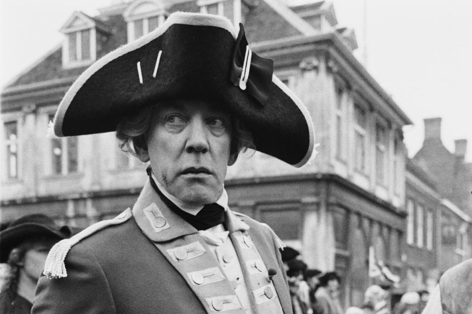 Sutherland in period costume as Sgt Maj Peasy for the historical drama ‘Revolution’, March 25, 1985 (P. Shirley/Daily Express/Hulton Archive/Getty)