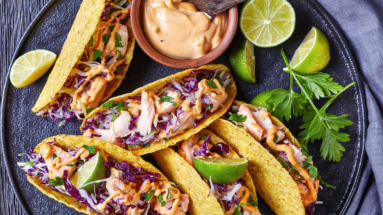 Fish tacos topped with coleslaw