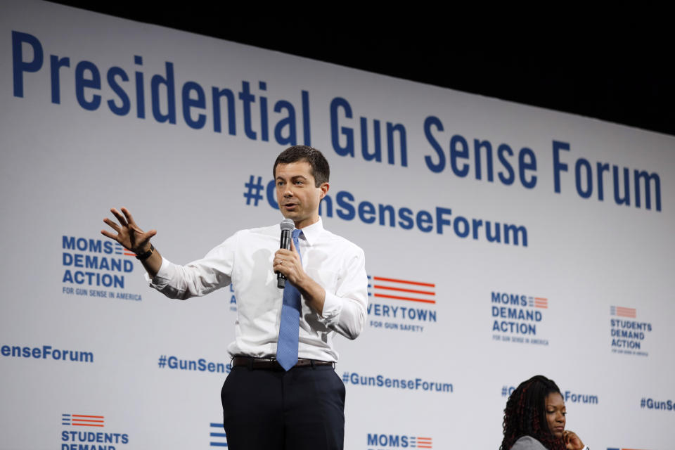 Democratic presidential candidate South Bend, Ind., Mayor Pete Buttigieg speaks at the Presidential Gun Sense Forum, Saturday, Aug. 10, 2019, in Des Moines, Iowa. (AP Photo/Charlie Neibergall)