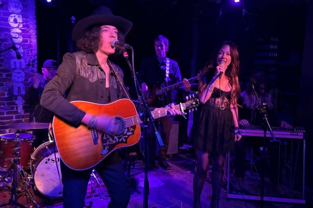 Lawrence Rothman, onstage at the Basement in Nashville in May, with Amanda Shires - Credit: Josh Crutchmer*