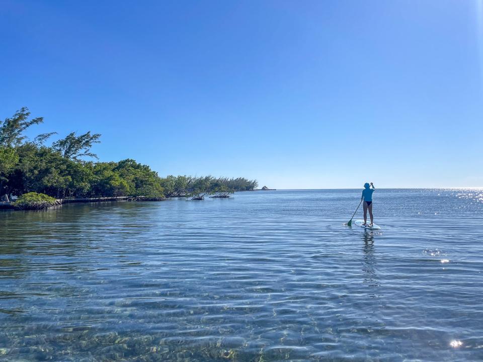 The author and her friend explore Thatch Caye on paddle boards.