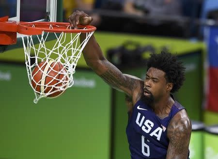 2016 Rio Olympics - Basketball - Final - Men's Gold Medal Game Serbia v USA - Carioca Arena 1 - Rio de Janeiro, Brazil - 21/8/2016. Deandre Jordan (USA) of the USA dunks. REUTERS/Dylan Martinez