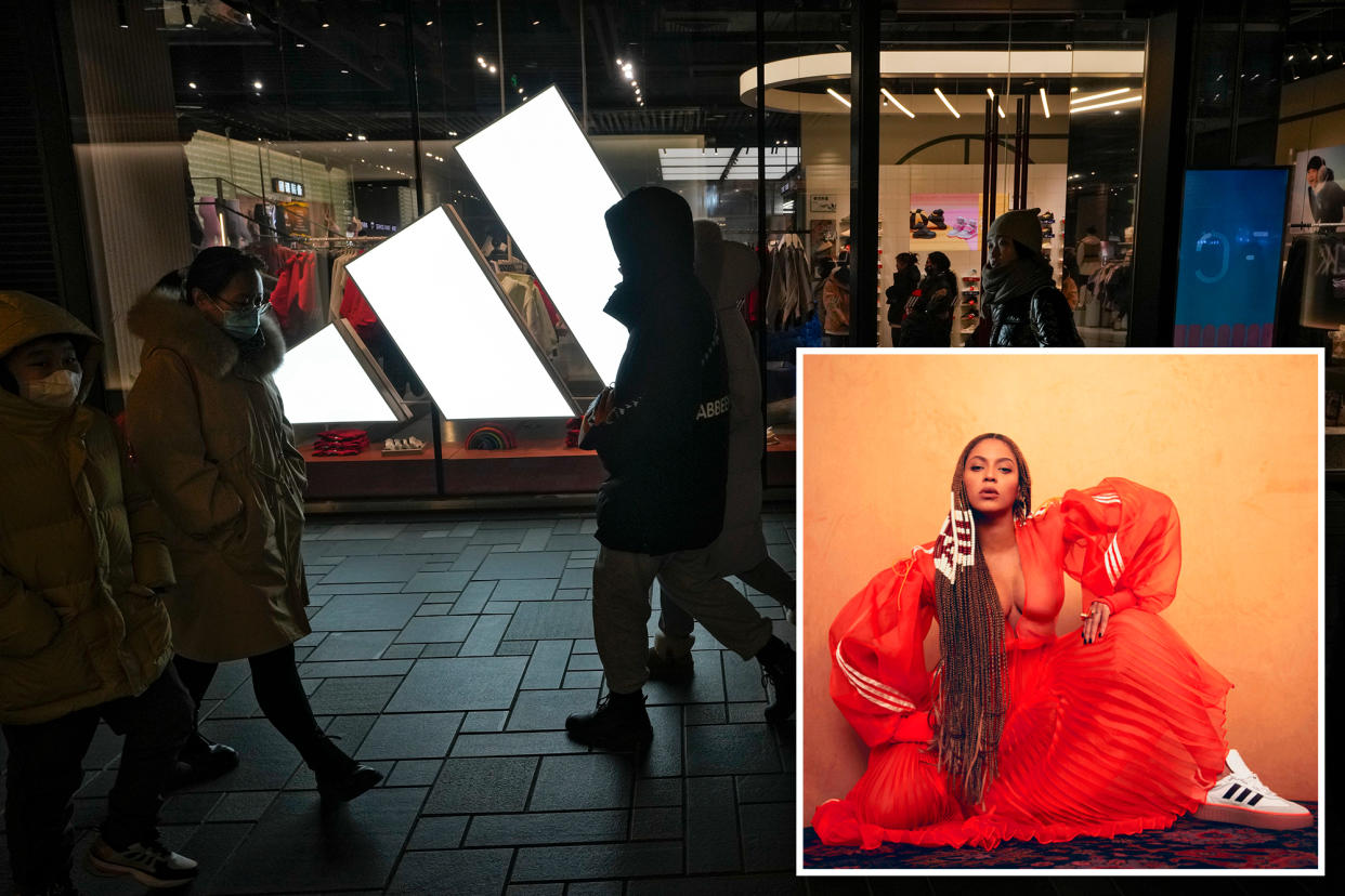 People walking by an Adidas store at an outdoor shopping mall with inset image of Beyonce