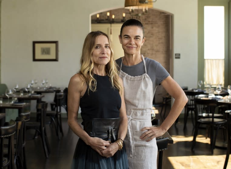 BRENTWOD, CA - JULY 20: Caroline Styne, left, and Suzanne Goin are owners of A.O.C. in Brentwood. Photographed in A.O.C. on Tuesday, July 20, 2021 in Brentwod, CA. (Myung J. Chun / Los Angeles Times)