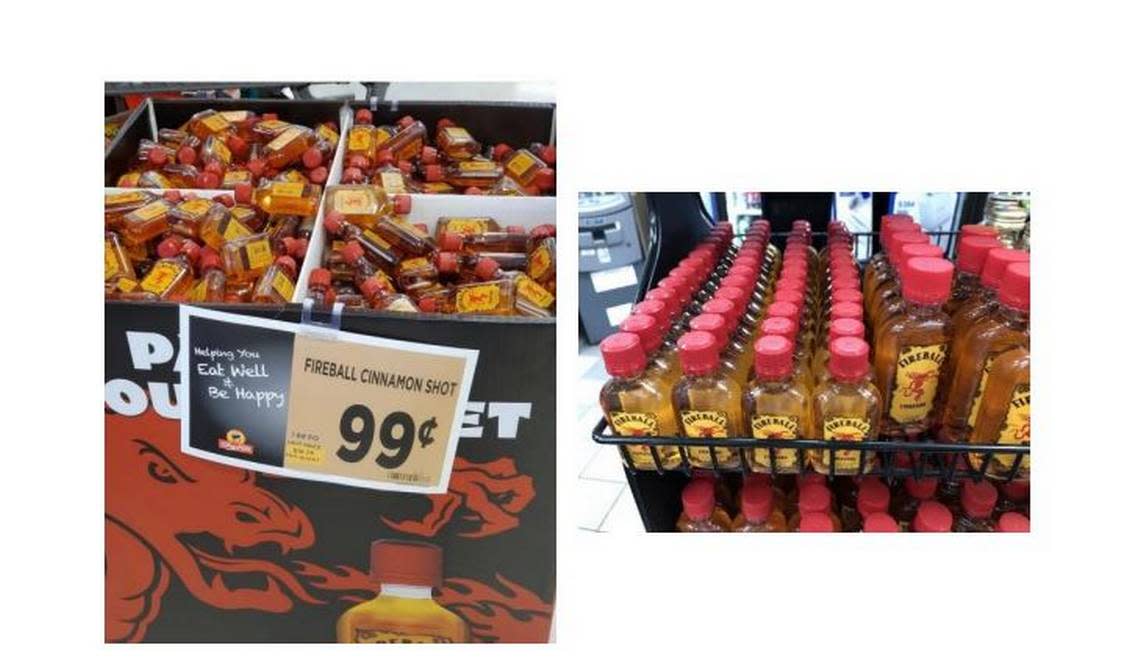 Fireball Cinnamon, shown at left, is often sold where hard liquor cannot be sold such as grocery stores and gas stations, but Fireball Cinnamon Whisky, shown at right, is sold in liquor stores and is made of whisky.
