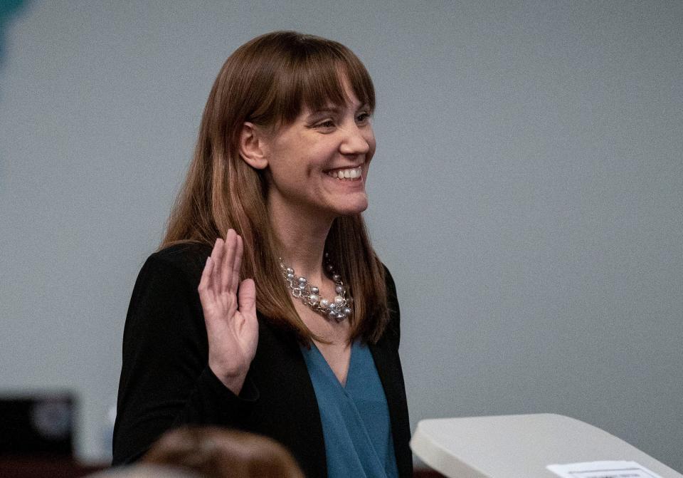Newly-elected board member Susan Gibson gets sworn-in at the Central Bucks School District Board re-org in Doylestown on Monday, Dec. 4, 2023.

[Daniella Heminghaus | Bucks County Courier Times]