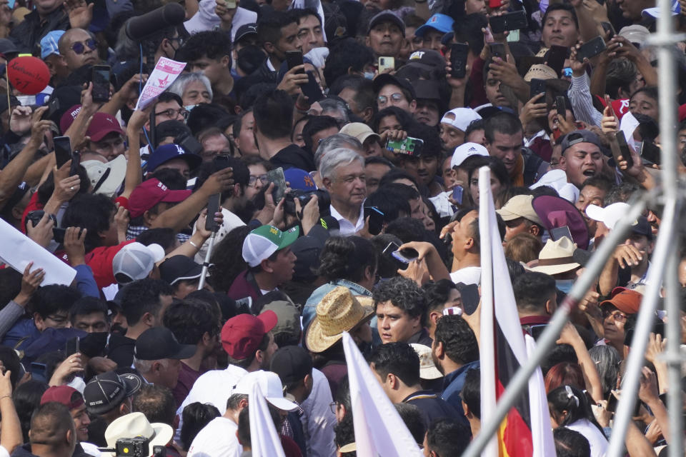 Mexican President Andrés Manuel López Obrador arrives at the capital's main square, the Zócalo, during a march in support of his administration, in Mexico City, Sunday, November 27, 2022. (AP Photo / Marco Ugarte)